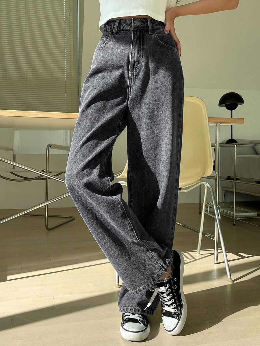 Calça Jeans De Cintura Alta Lavados De Pernas Largas