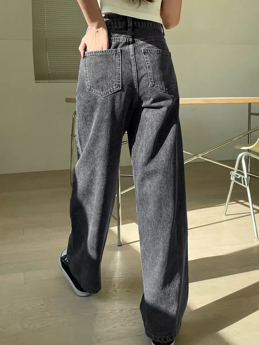 Calça Jeans De Cintura Alta Lavados De Pernas Largas