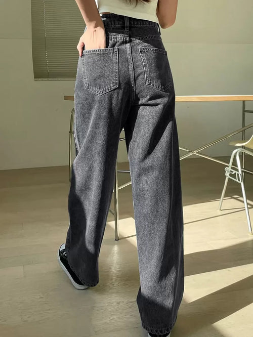 Calça Jeans De Cintura Alta Lavados De Pernas Largas