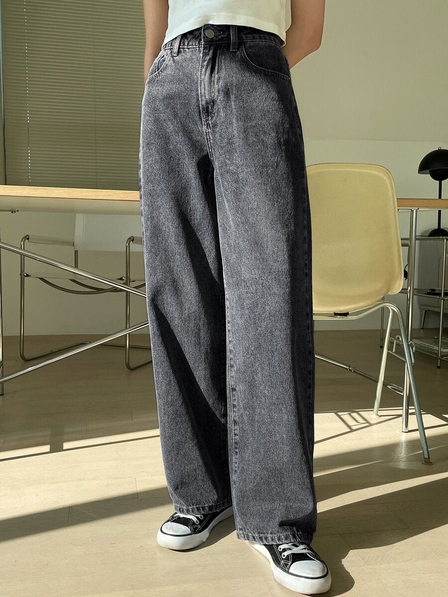 Calça Jeans De Cintura Alta Lavados De Pernas Largas