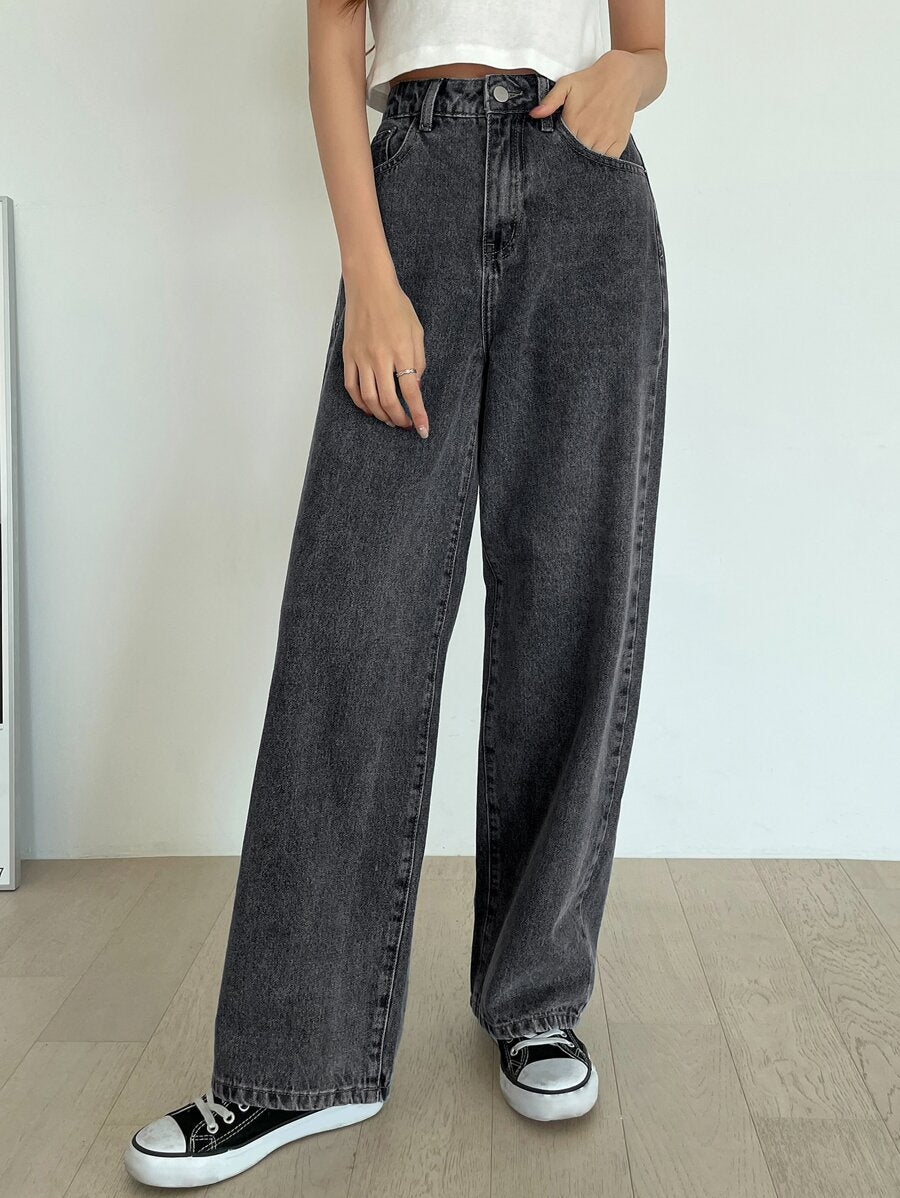 Calça Jeans De Cintura Alta Lavados De Pernas Largas