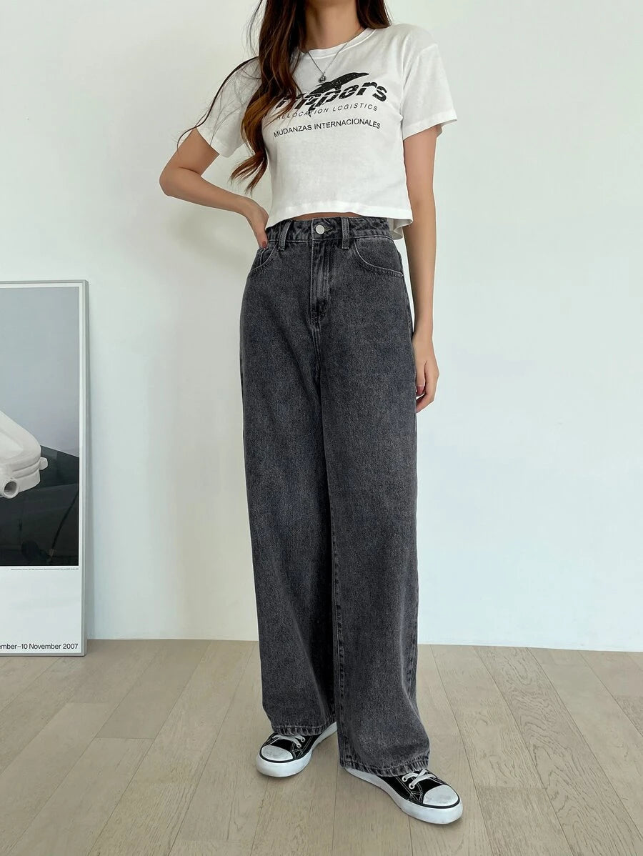 Calça Jeans De Cintura Alta Lavados De Pernas Largas