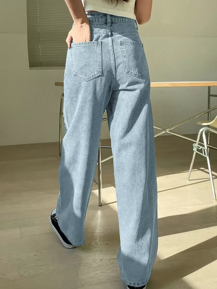 Calça Jeans De Cintura Alta Lavados De Pernas Largas