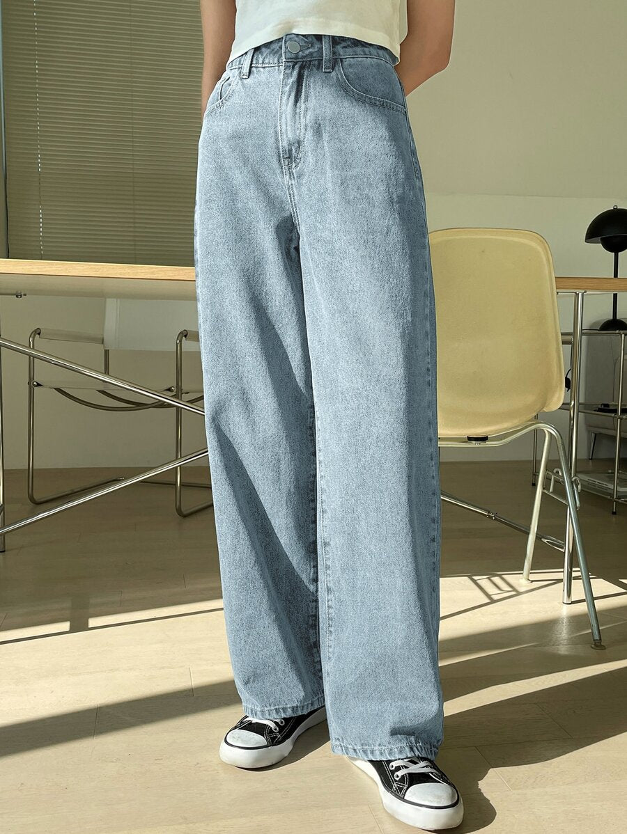 Calça Jeans De Cintura Alta Lavados De Pernas Largas
