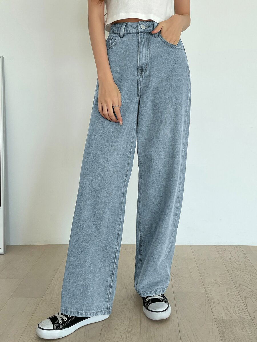 Calça Jeans De Cintura Alta Lavados De Pernas Largas