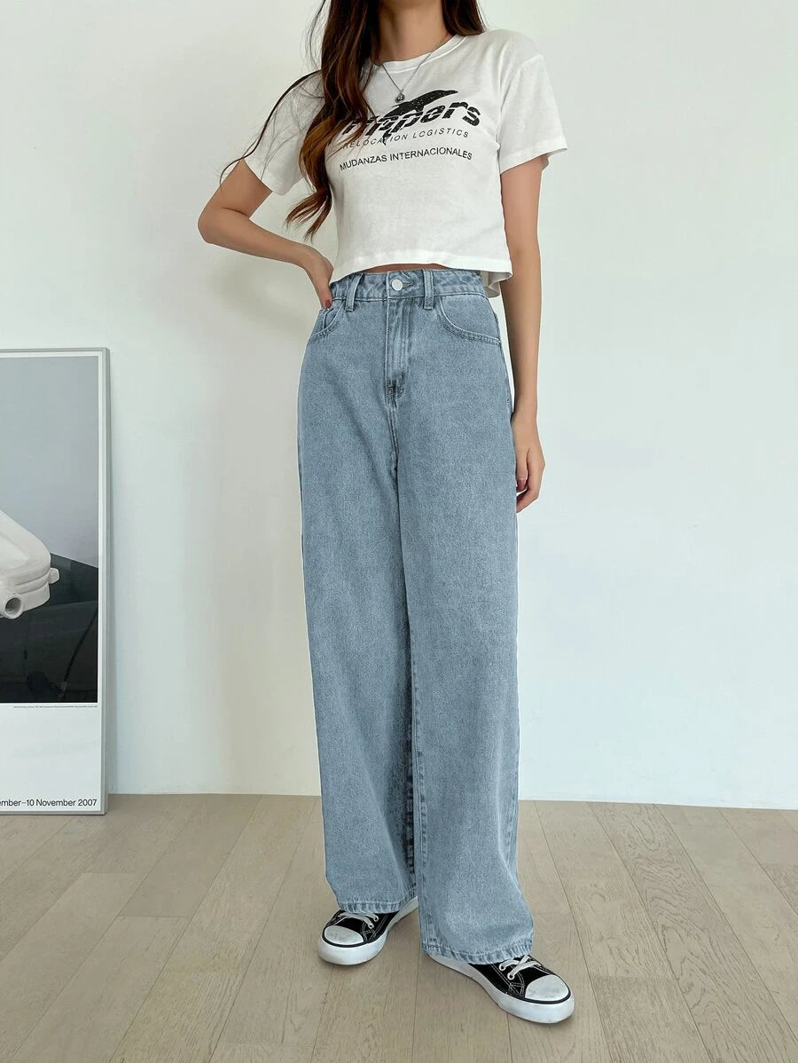 Calça Jeans De Cintura Alta Lavados De Pernas Largas