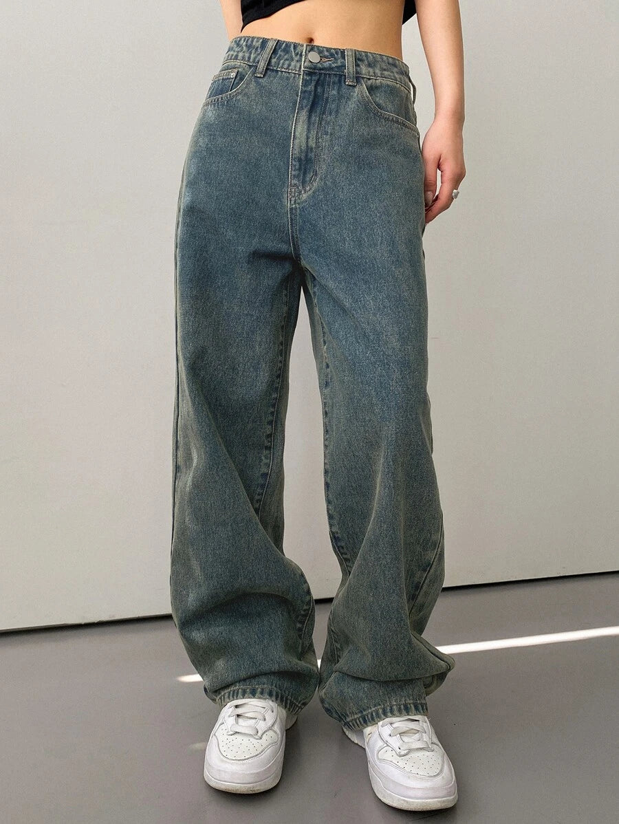Calça Jeans De Cintura Alta Lavados De Pernas Largas