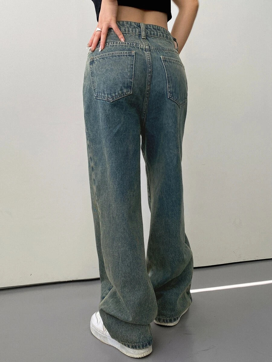 Calça Jeans De Cintura Alta Lavados De Pernas Largas