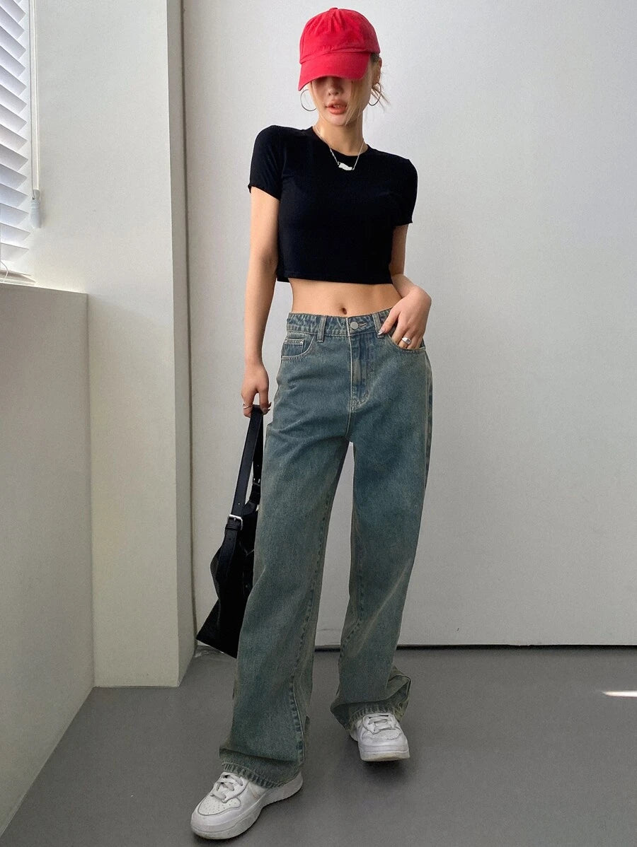 Calça Jeans De Cintura Alta Lavados De Pernas Largas