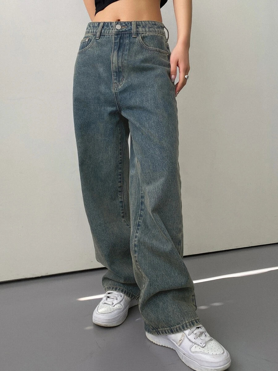 Calça Jeans De Cintura Alta Lavados De Pernas Largas