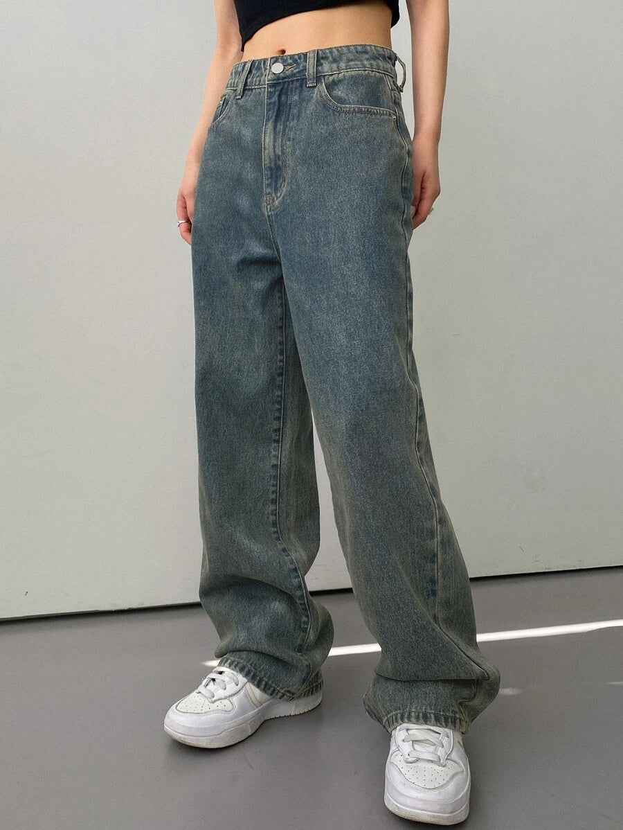 Calça Jeans De Cintura Alta Lavados De Pernas Largas