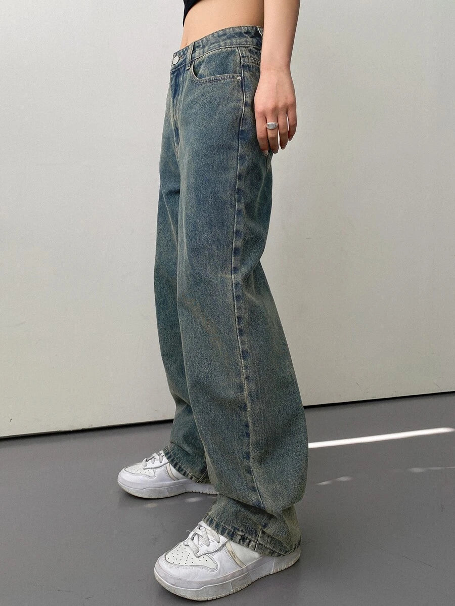 Calça Jeans De Cintura Alta Lavados De Pernas Largas