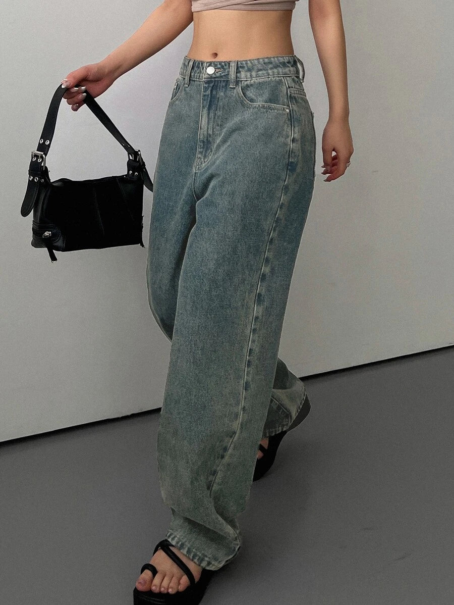 Calça Jeans De Cintura Alta Lavados De Pernas Largas