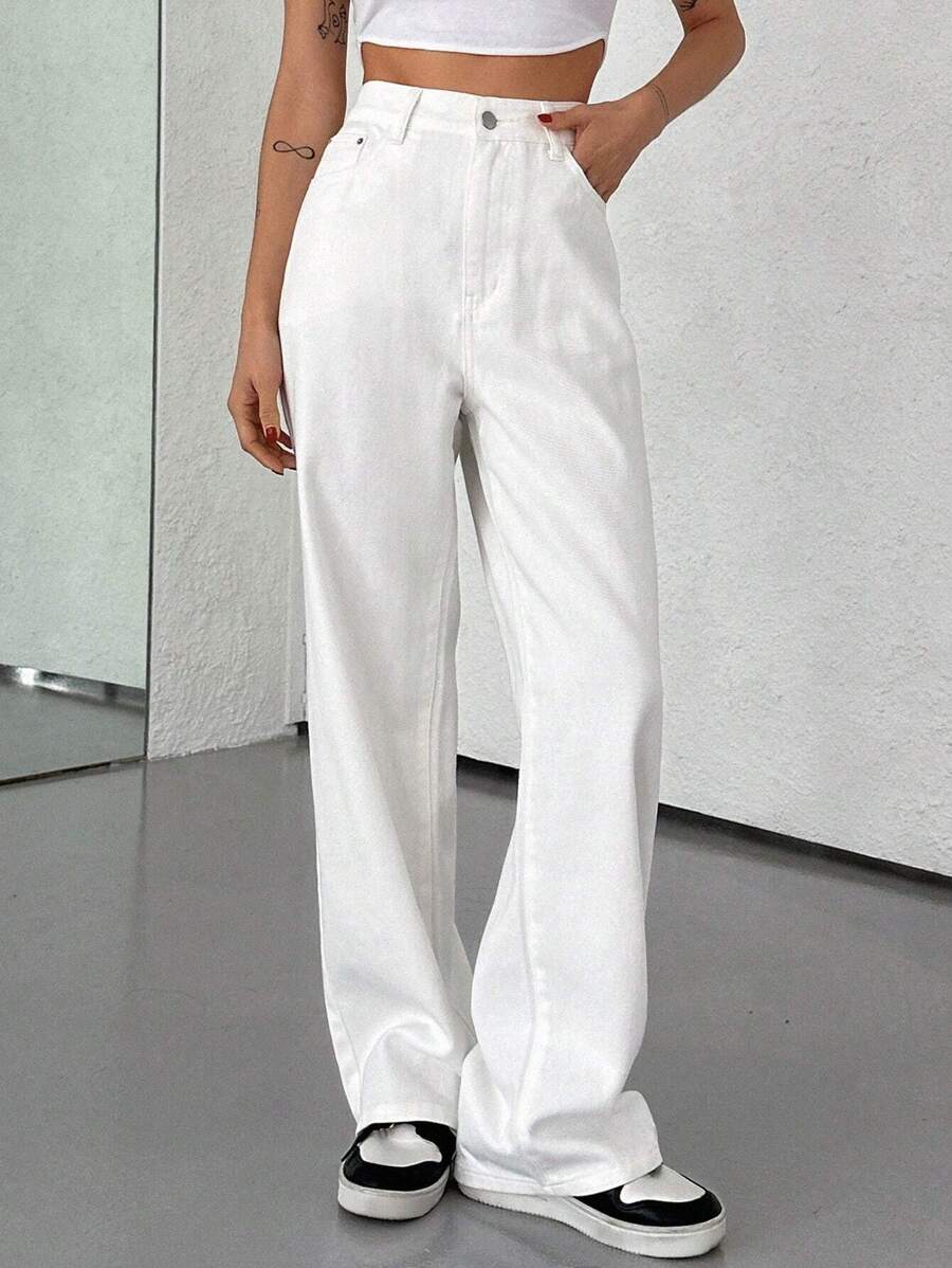 Calça Jeans De Cintura Alta Lavados De Pernas Largas