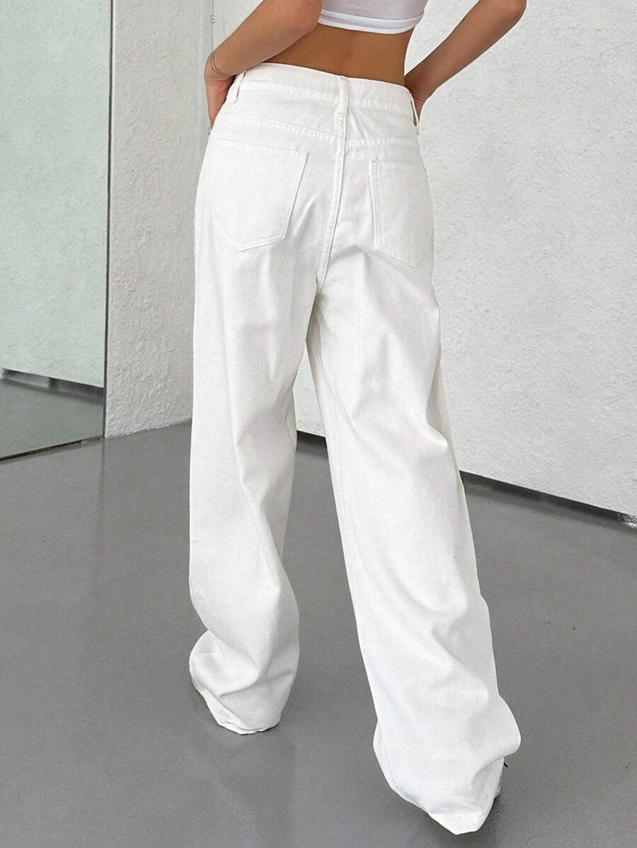 Calça Jeans De Cintura Alta Lavados De Pernas Largas