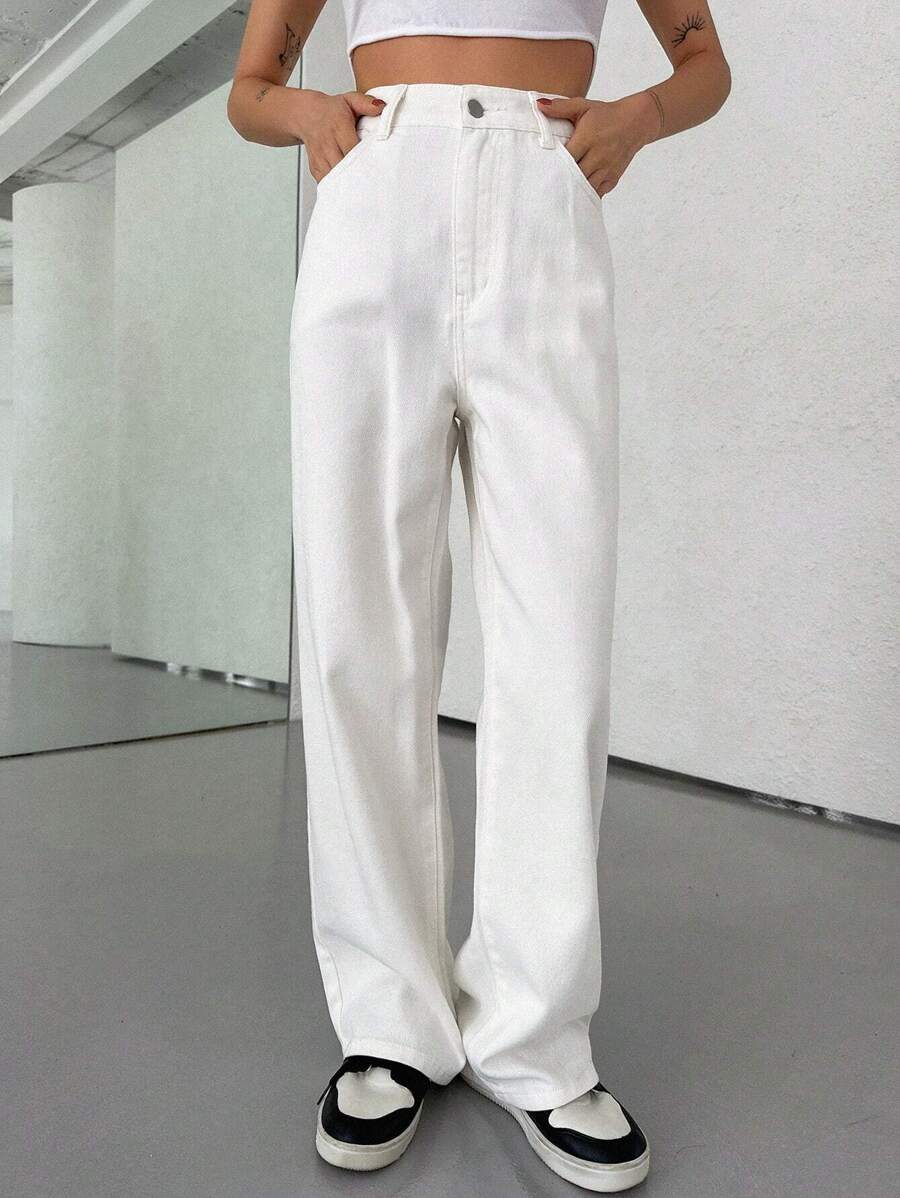 Calça Jeans De Cintura Alta Lavados De Pernas Largas