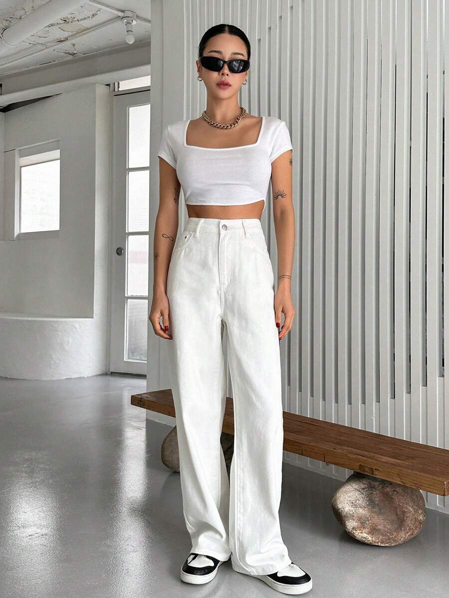 Calça Jeans De Cintura Alta Lavados De Pernas Largas