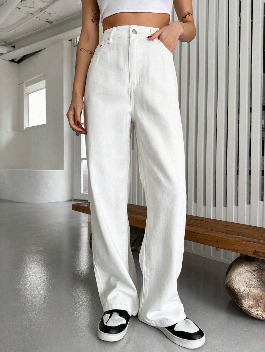 Calça Jeans De Cintura Alta Lavados De Pernas Largas