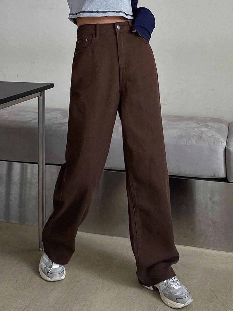Calça Jeans De Cintura Alta Lavados De Pernas Largas