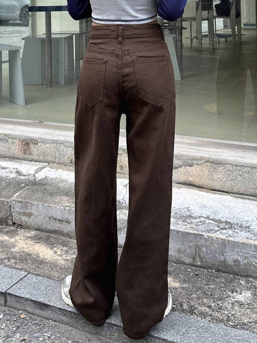 Calça Jeans De Cintura Alta Lavados De Pernas Largas