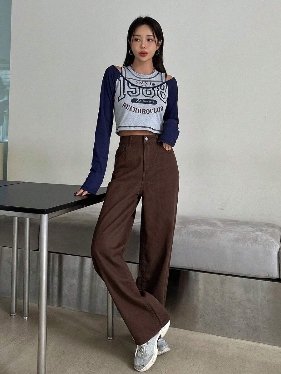 Calça Jeans De Cintura Alta Lavados De Pernas Largas