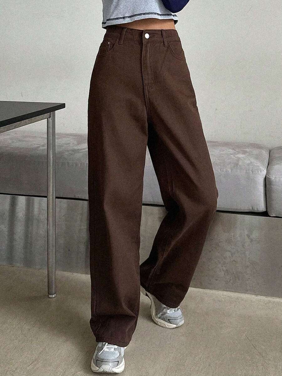 Calça Jeans De Cintura Alta Lavados De Pernas Largas