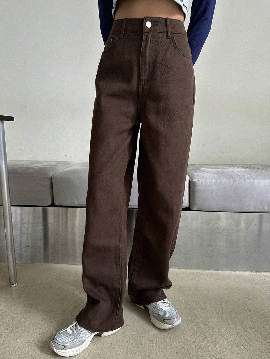 Calça Jeans De Cintura Alta Lavados De Pernas Largas
