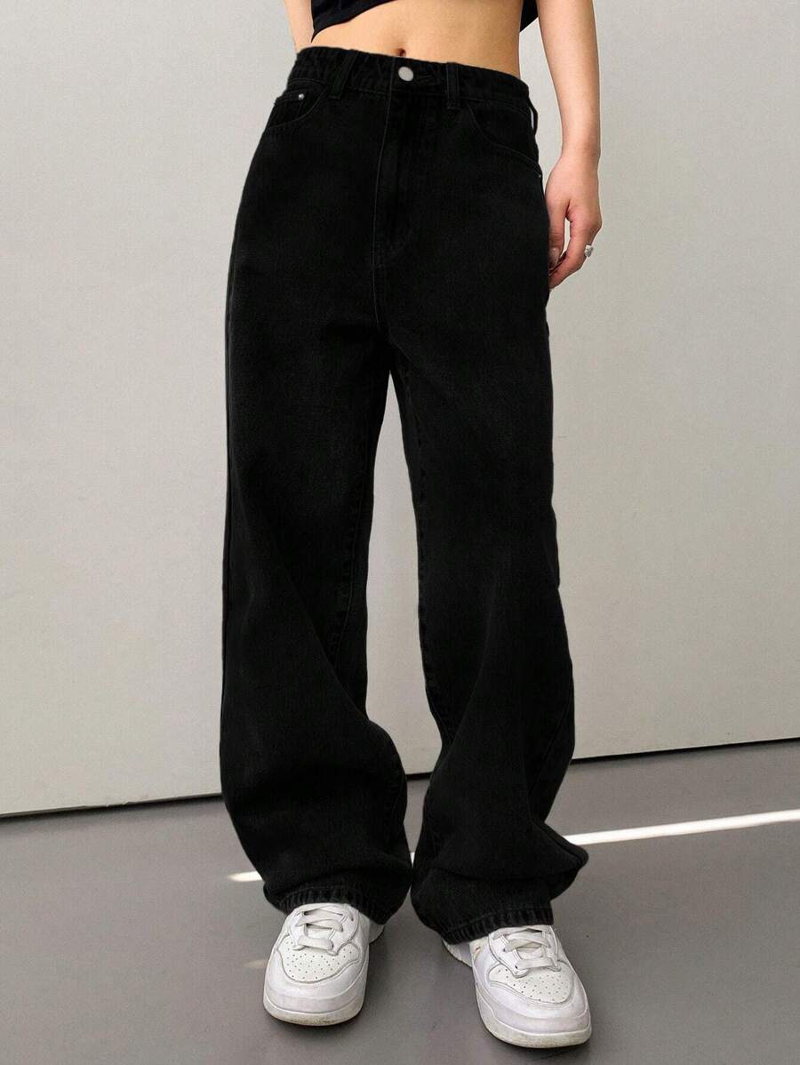 Calça Jeans De Cintura Alta Lavados De Pernas Largas