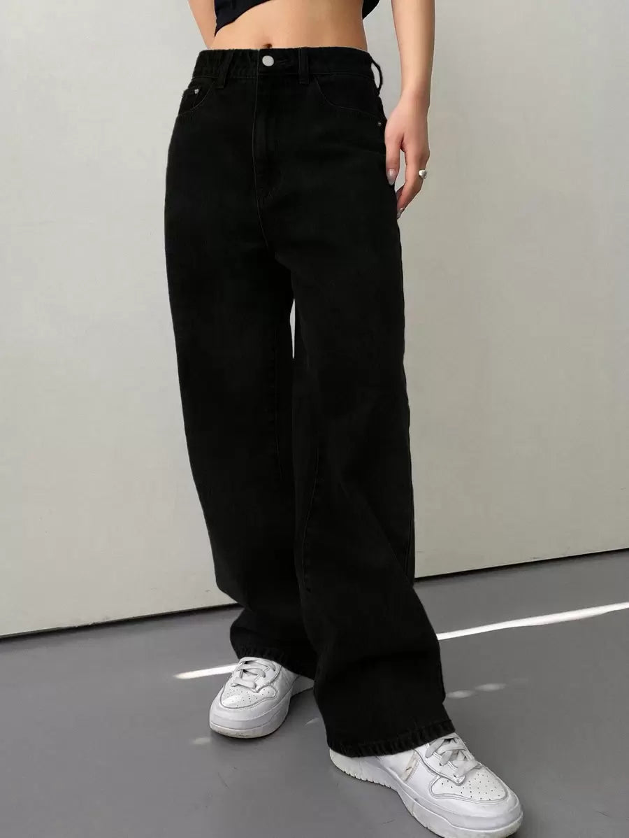 Calça Jeans De Cintura Alta Lavados De Pernas Largas