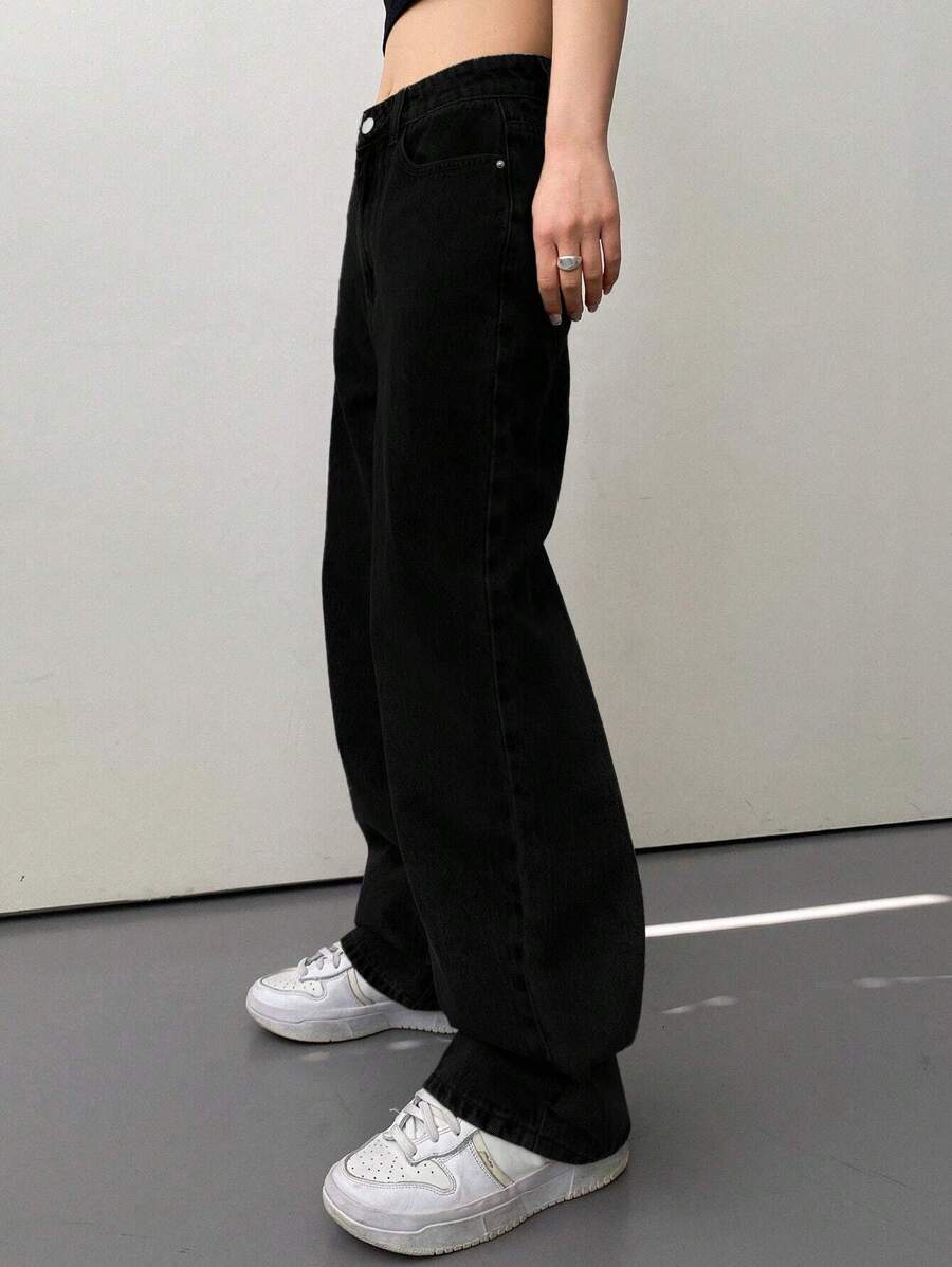 Calça Jeans De Cintura Alta Lavados De Pernas Largas