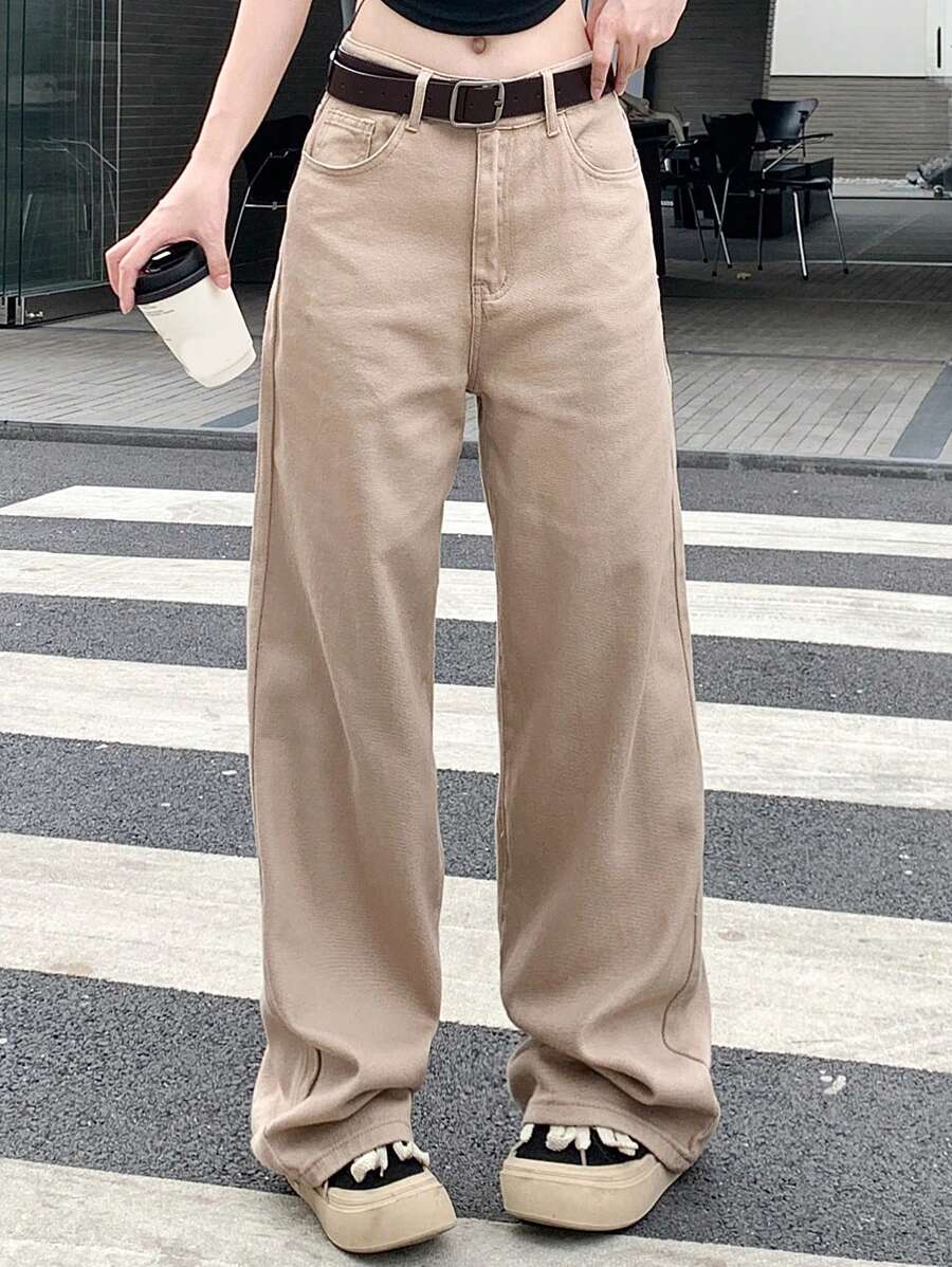 Calça Jeans De Cintura Alta Lavados De Pernas Largas