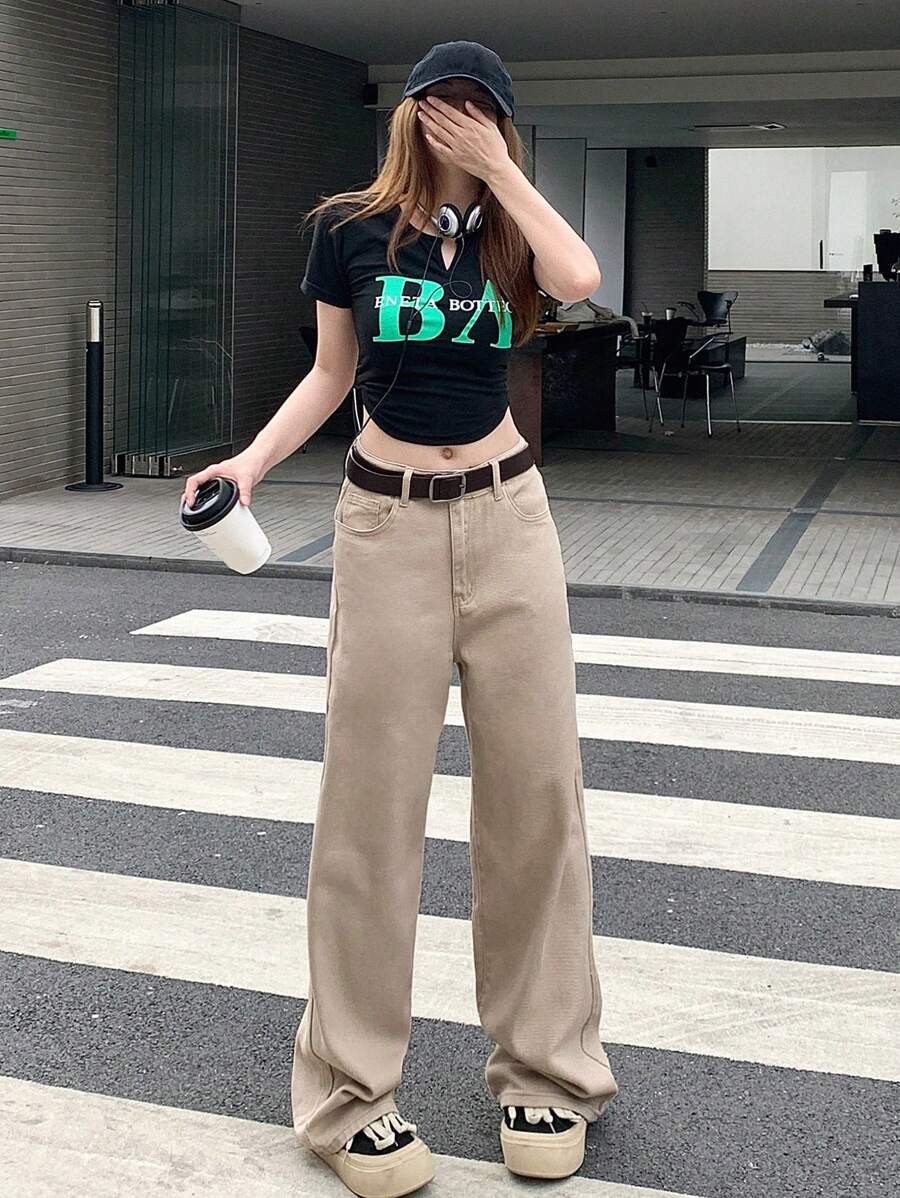 Calça Jeans De Cintura Alta Lavados De Pernas Largas