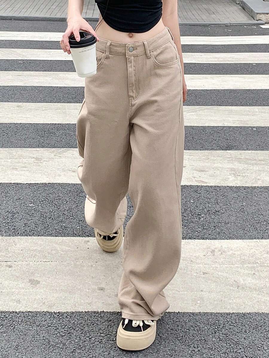 Calça Jeans De Cintura Alta Lavados De Pernas Largas