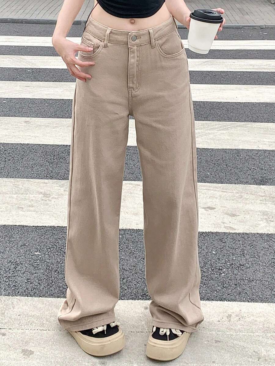Calça Jeans De Cintura Alta Lavados De Pernas Largas