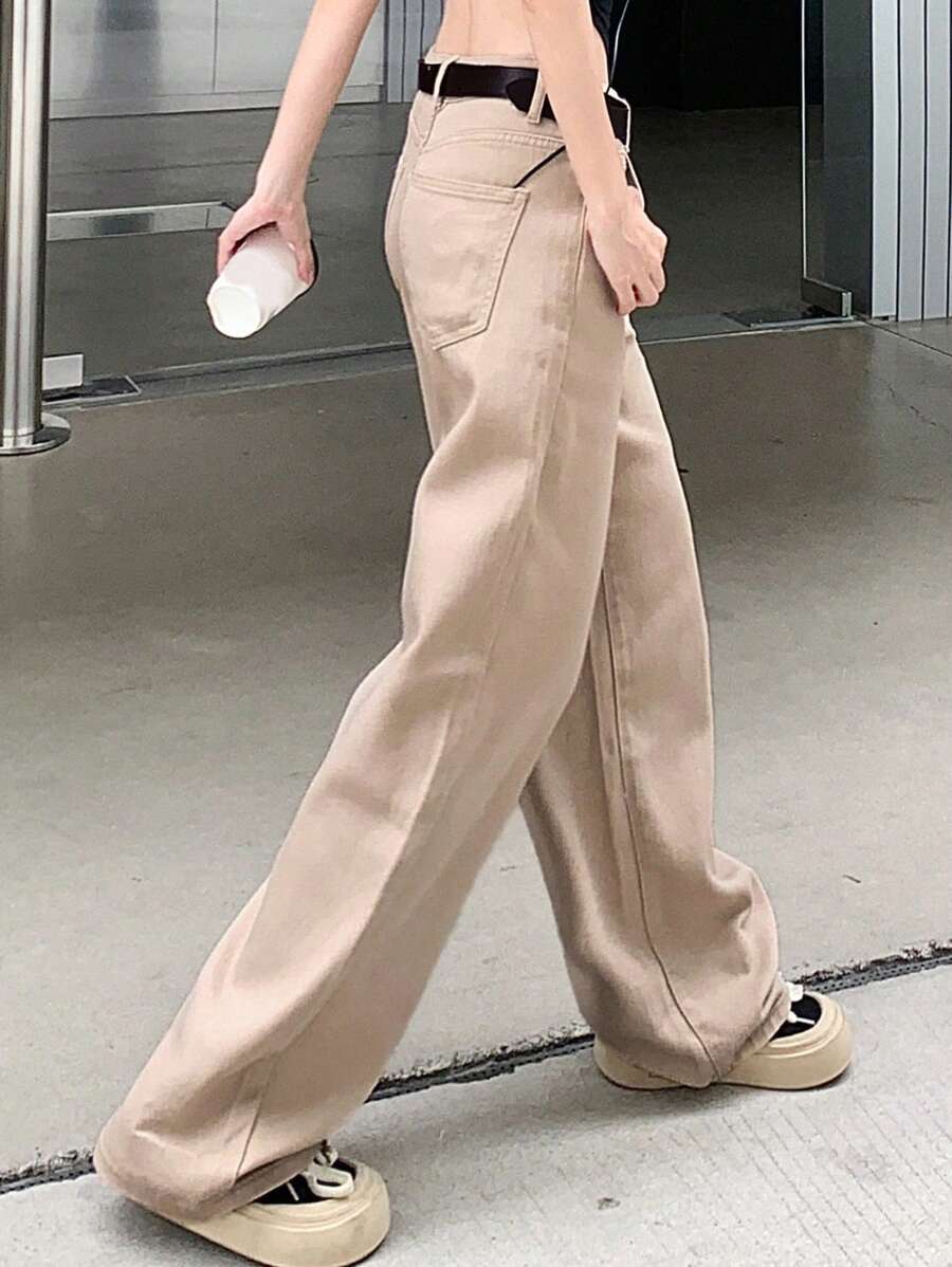 Calça Jeans De Cintura Alta Lavados De Pernas Largas