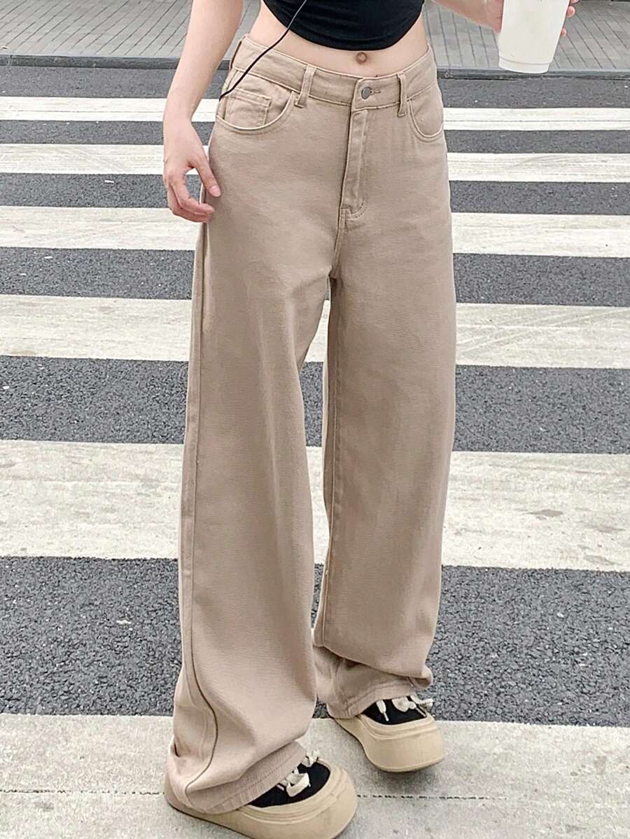 Calça Jeans De Cintura Alta Lavados De Pernas Largas
