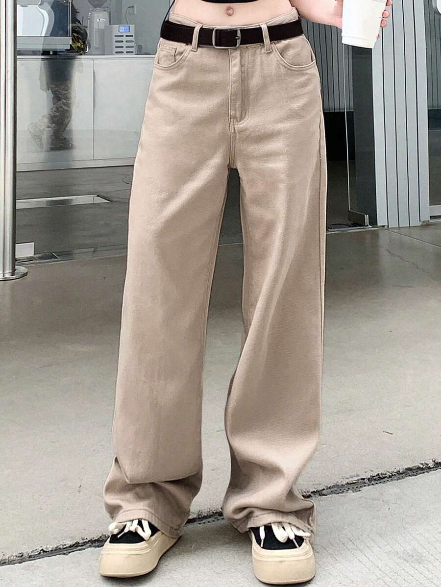 Calça Jeans De Cintura Alta Lavados De Pernas Largas