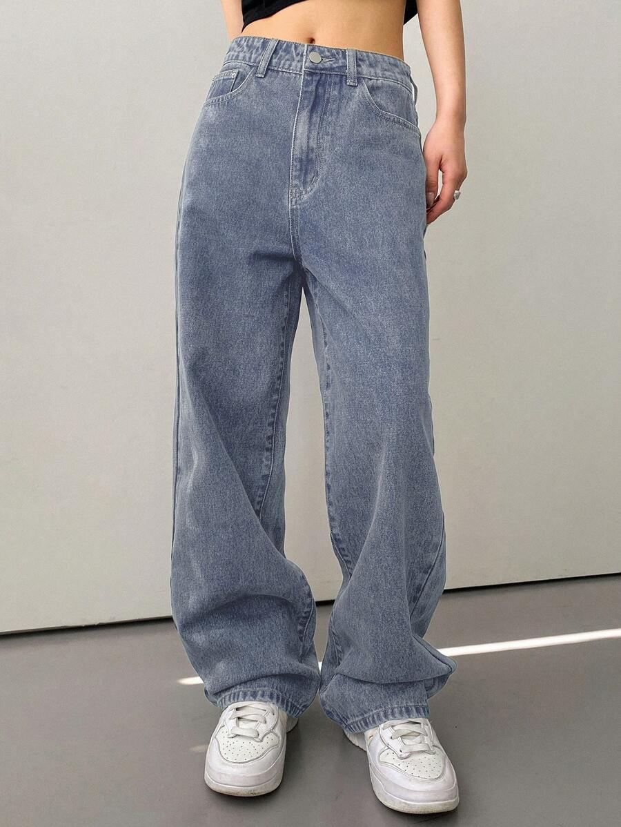 Calça Jeans De Cintura Alta Lavados De Pernas Largas