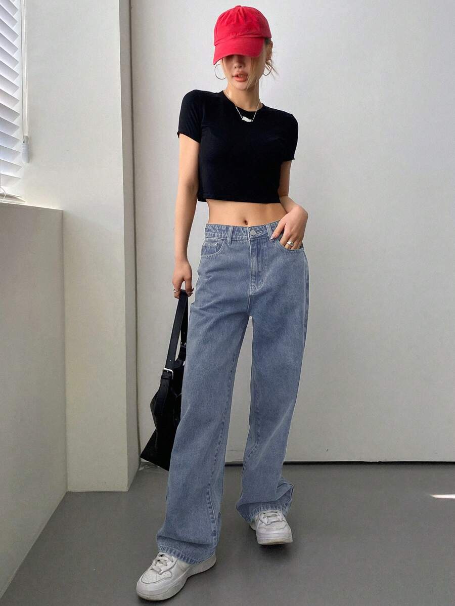 Calça Jeans De Cintura Alta Lavados De Pernas Largas
