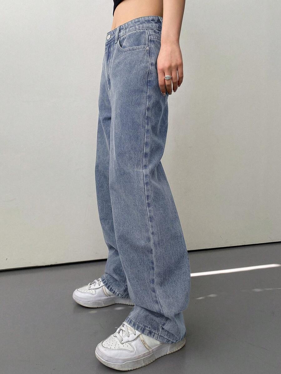Calça Jeans De Cintura Alta Lavados De Pernas Largas