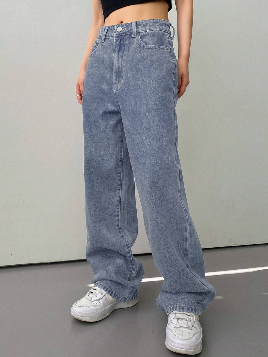 Calça Jeans De Cintura Alta Lavados De Pernas Largas