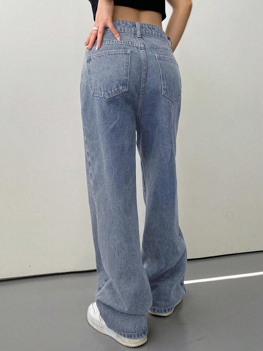 Calça Jeans De Cintura Alta Lavados De Pernas Largas