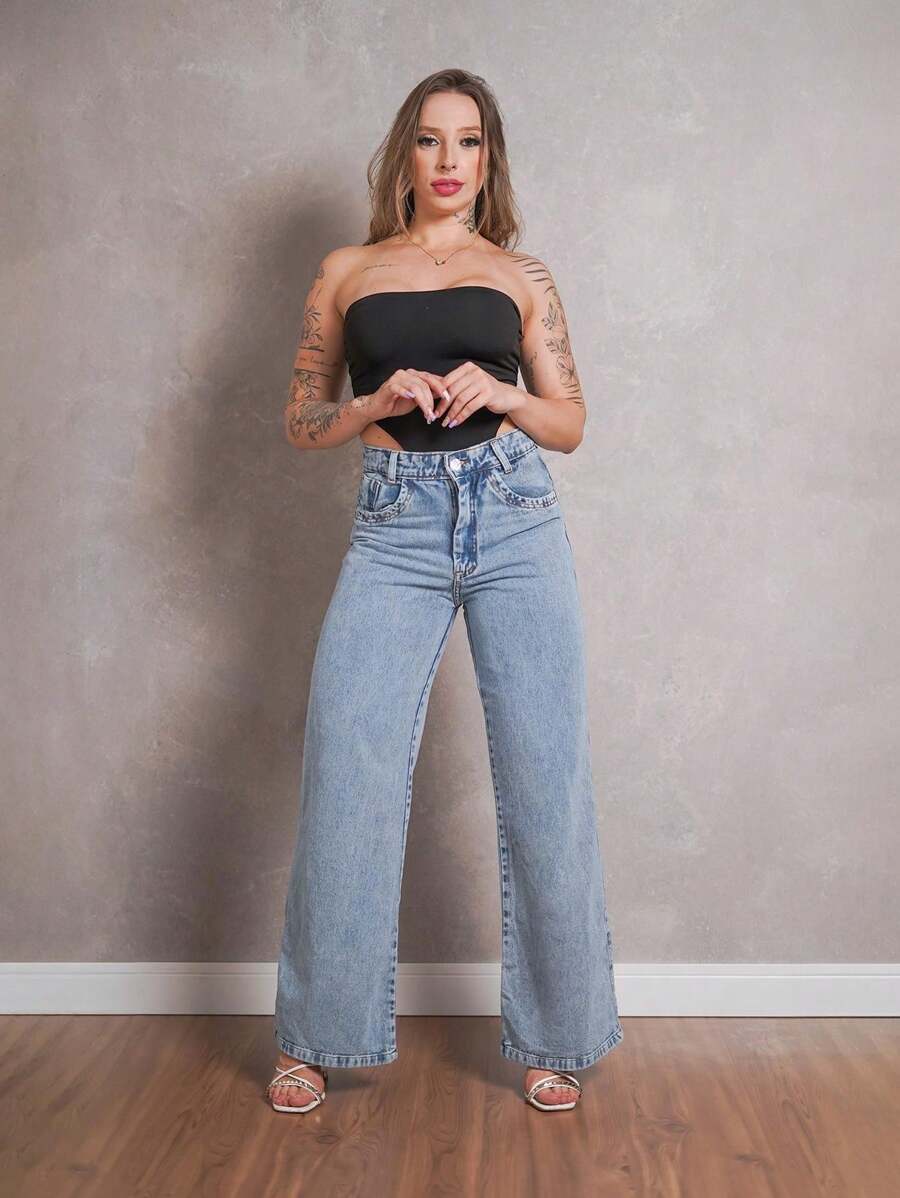Calça Jeans Feminina Wide Leg Pantalona