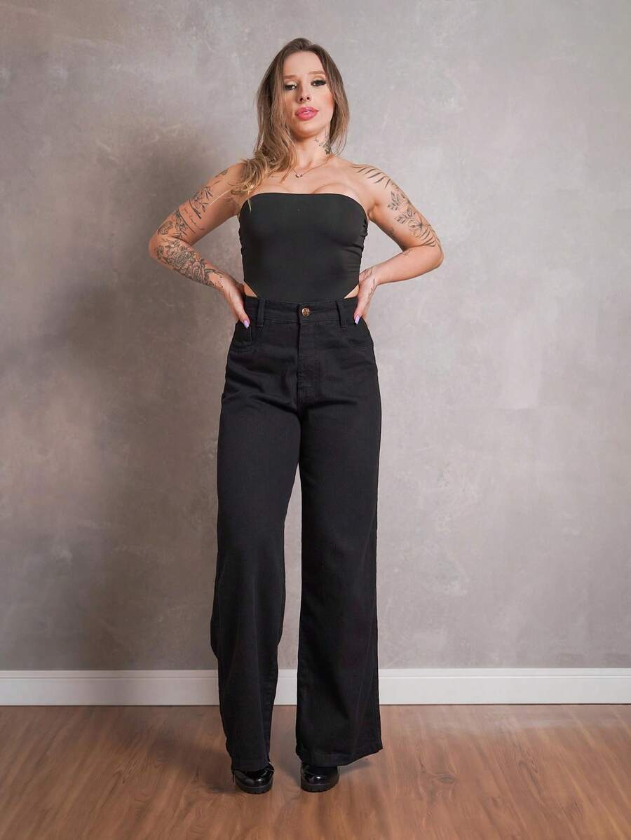 Calça Jeans Feminina Wide Leg Pantalona
