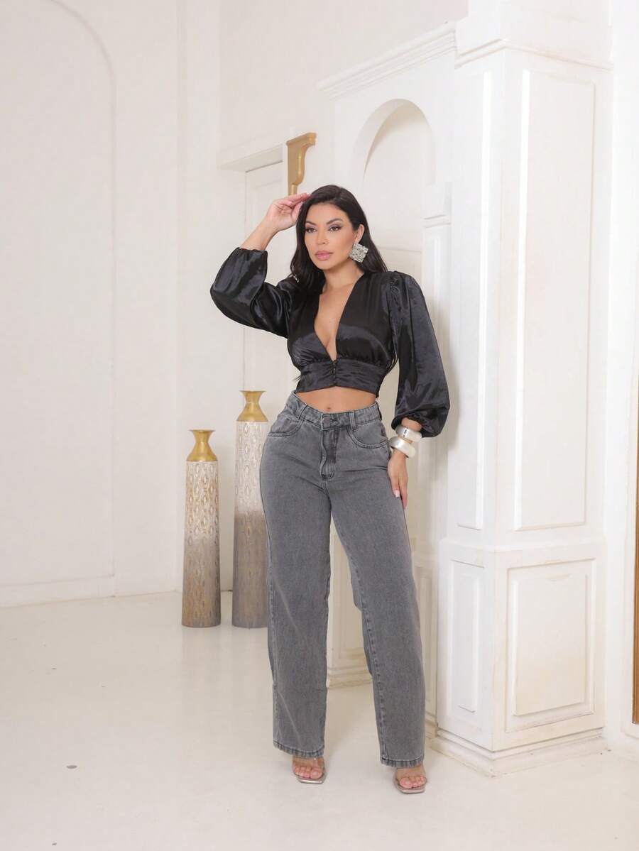 Calça Jeans Feminina Wide Leg Pantalona