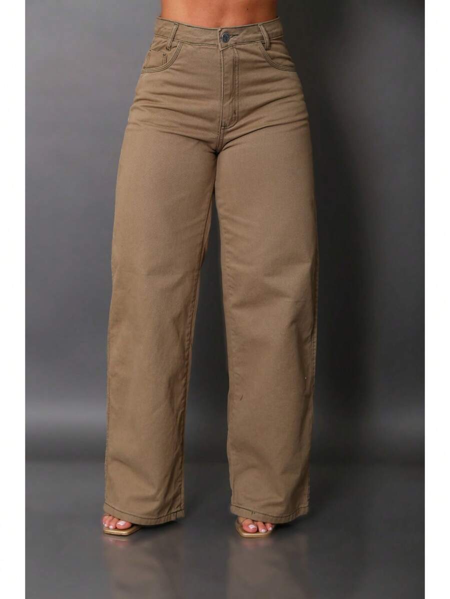 Calça Wide Leg Pantalona Jeans Feminina Cintura Alta
