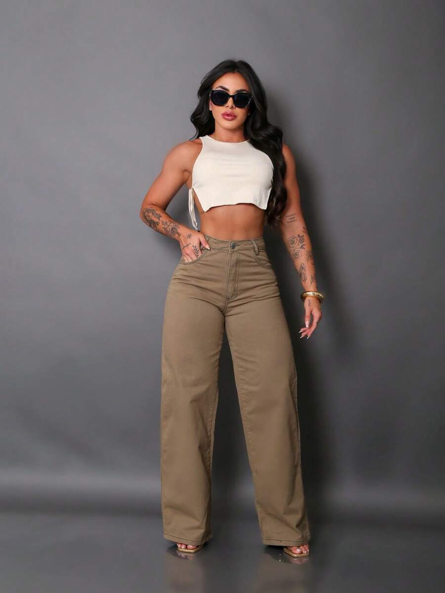 Calça Wide Leg Pantalona Jeans Feminina Cintura Alta
