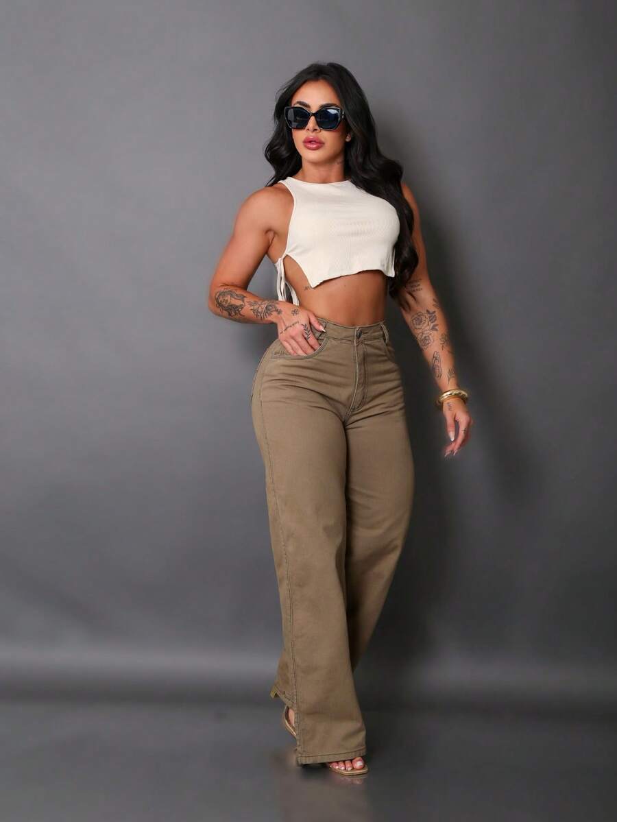 Calça Wide Leg Pantalona Jeans Feminina Cintura Alta