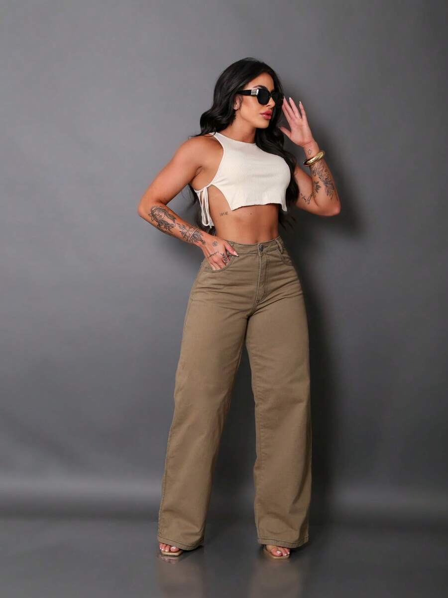 Calça Wide Leg Pantalona Jeans Feminina Cintura Alta