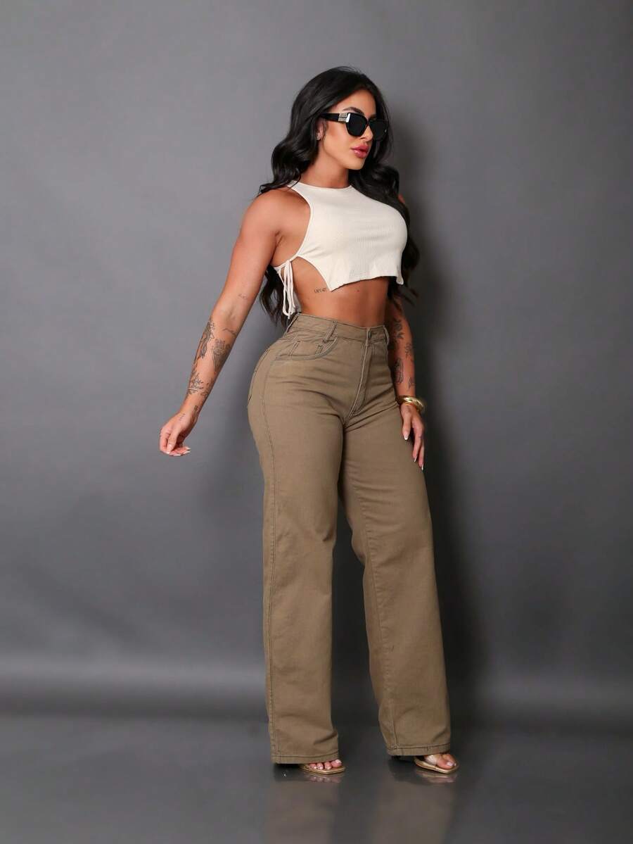 Calça Wide Leg Pantalona Jeans Feminina Cintura Alta